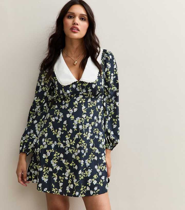 new look grey floral dress Blue Print Contrast Collar Mini vacay-ready