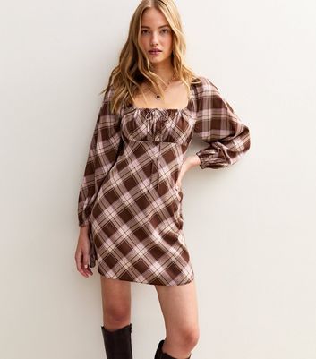 Brown Checked Print Long Sleeve Mini Dress | New Look