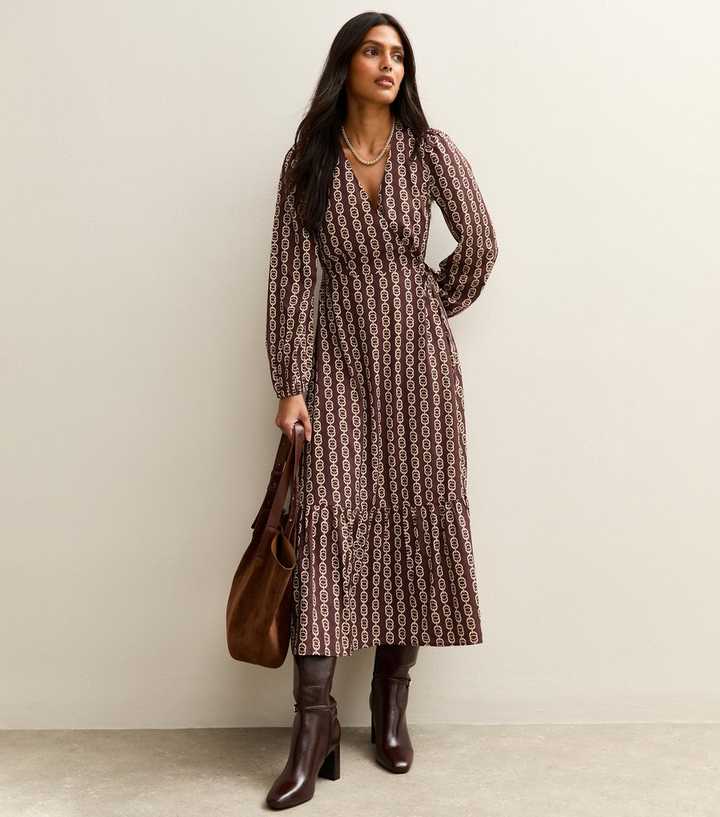 Brown Geometric Print Tiered Midi Wrap Dress
