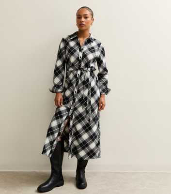 Petite Black Checked Button Up Belted Midi Shirt Dress