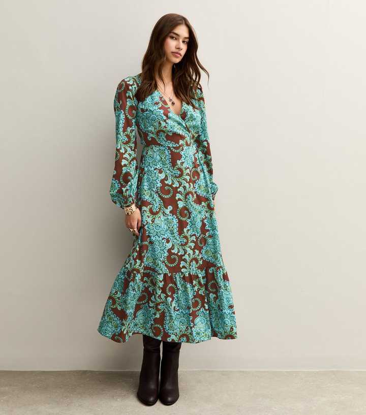 Brown Crepe Paisley Wrap Midi Dress