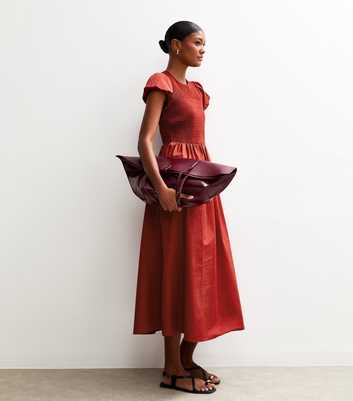 Dark Red Shirred Puff Sleeve Midi Dress