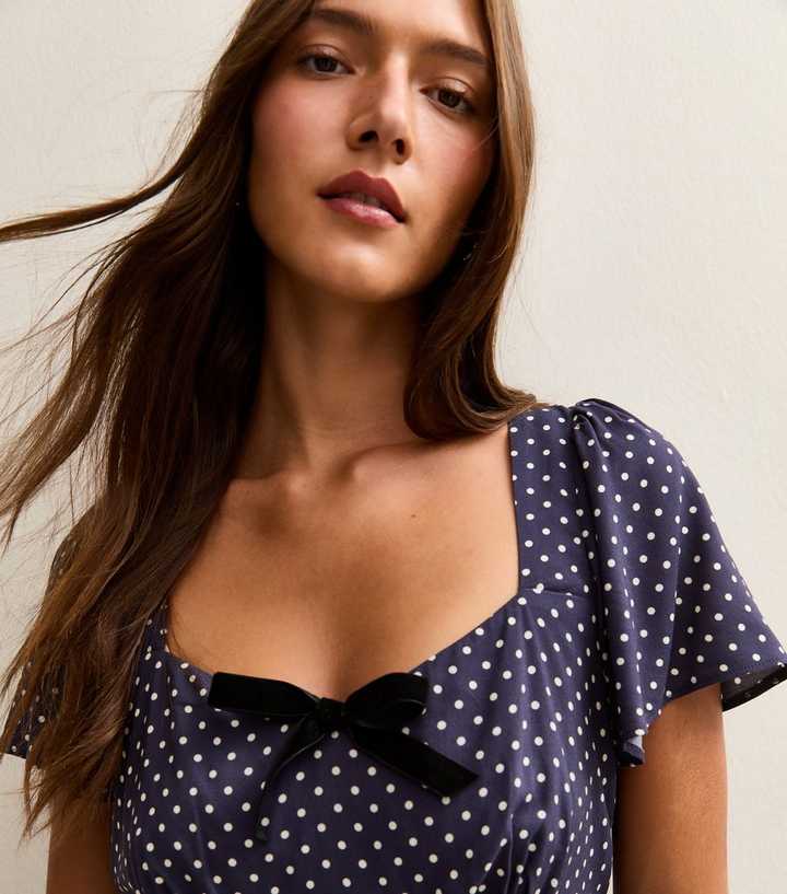 Blue Spot Print Velvet Bow Trim Midi Dress