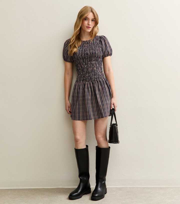 Blue Checked Crinkled Shirred Mini Dress