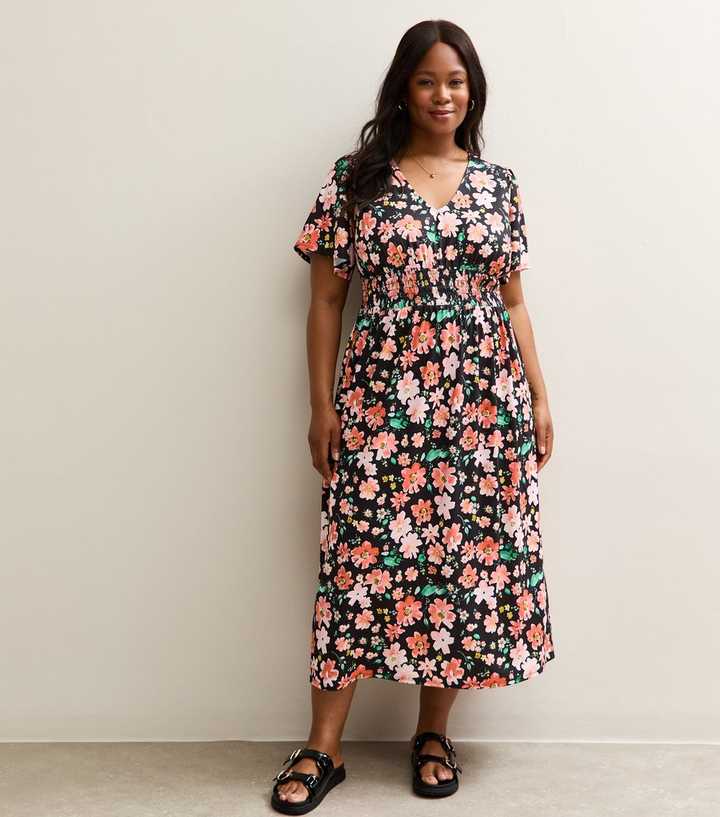 Curves Multicolour Floral Print Angel Sleeve Midi Dress