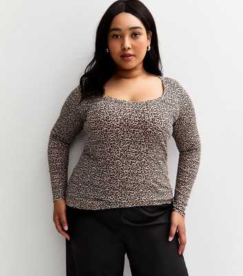 Curves Brown Ribbed Leopard Print Long Sleeve Top
