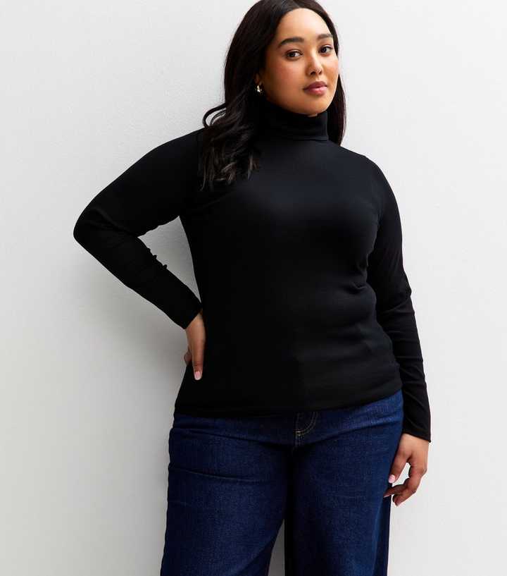 Curves Black Long Sleeve Roll Neck Top