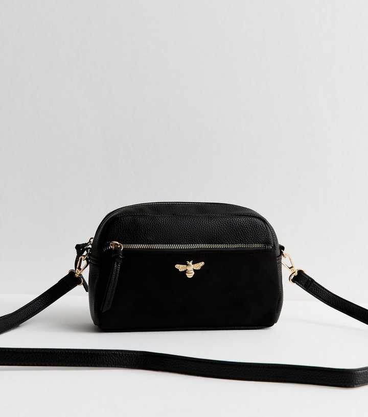 Black Faux Leather Bee Camera Crossbody Bag