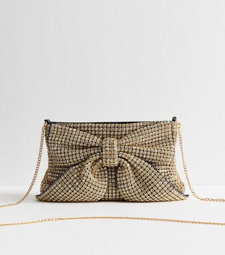 Gold Rhinestone Embellished Bow Appliqued Clutch