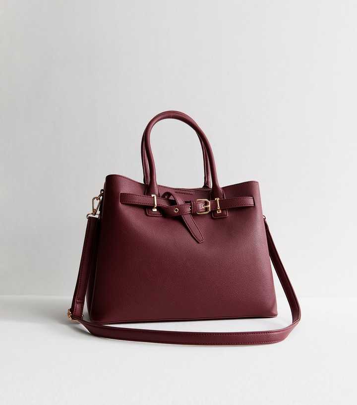 Dark Burgundy Faux Leather Buckle Strap Tote Bag