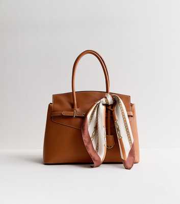 Brown Faux Leather Belted Scarf Trim Tote bag