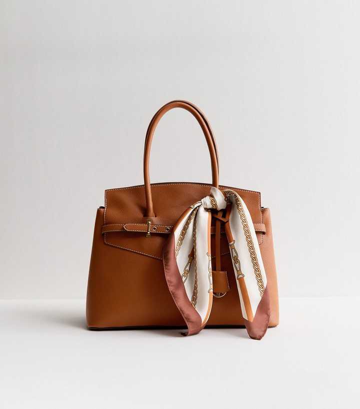 Brown Faux Leather Belted Scarf Trim Tote bag