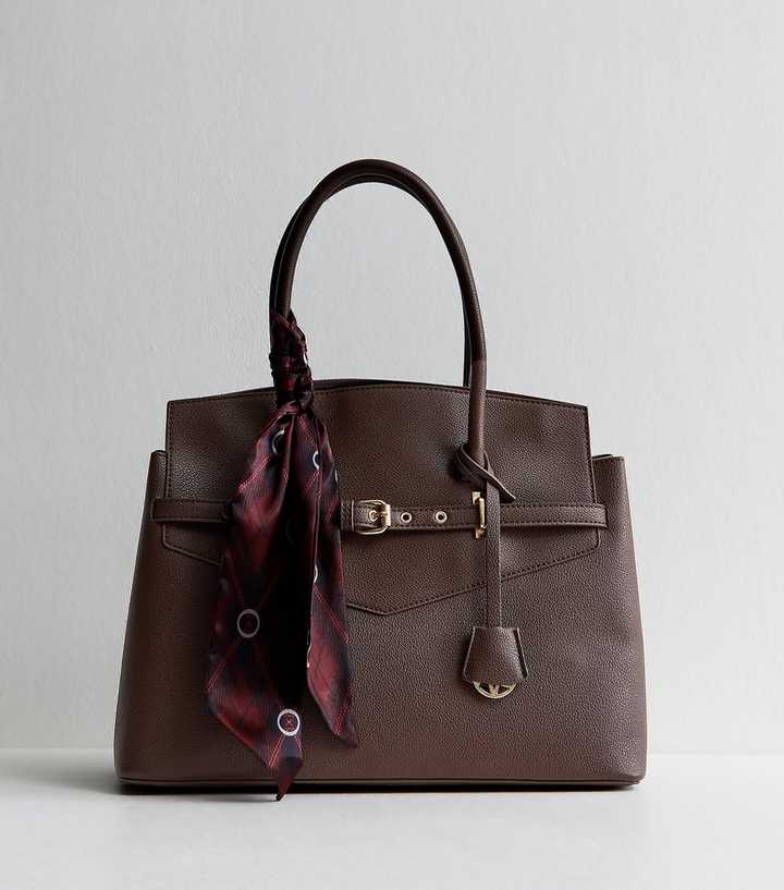Dark Brown Faux Leather Belted Scarf Tote Bag