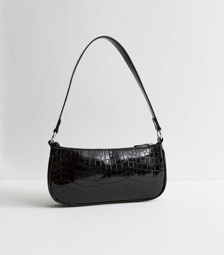 Black Faux Leather Crocodile Embossed Shoulder Bag New Look