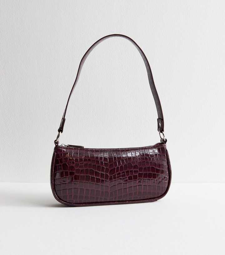 Dark Purple Faux Leather Crocodile Embossed Shoulder Bag