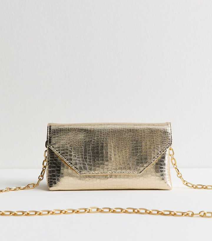 Gold Crocodile Effect Faux Leather Envelope Clutch