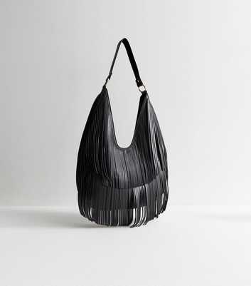 Black Faux Leather Fringe Scoop Shoulder Bag