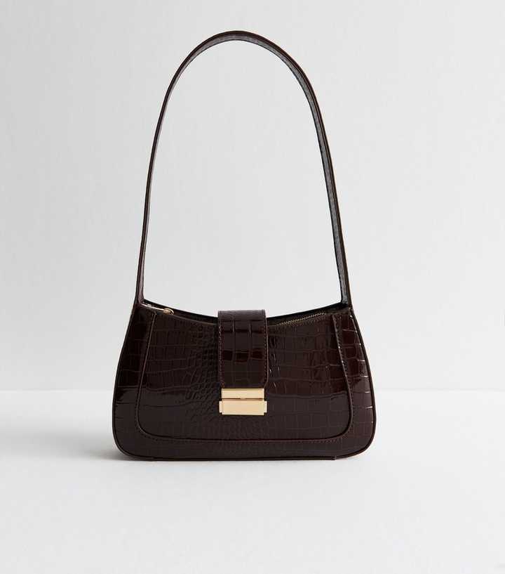 Dark Brown Faux Leather Crocodile Effect Shoulder Bag