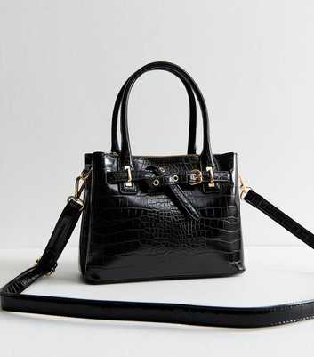 Black Patent Faux Leather Crocodile Embossed Mini Crossbody Bag