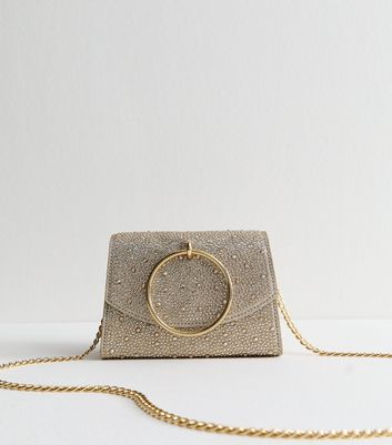 Gold Diamante Embellished Ring Detail Clutch New Look