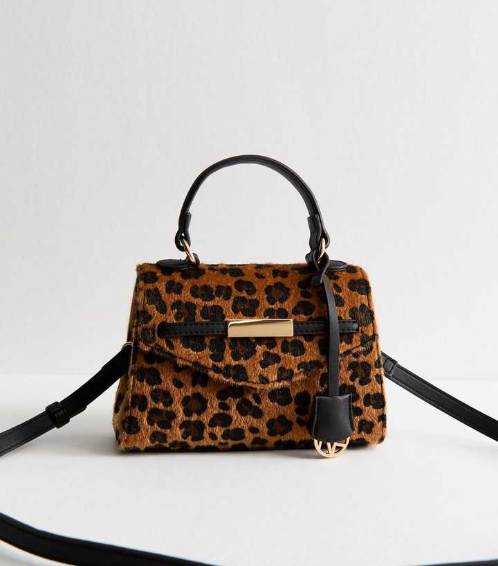 Brown Textured Leopard Print Top Handle Bag