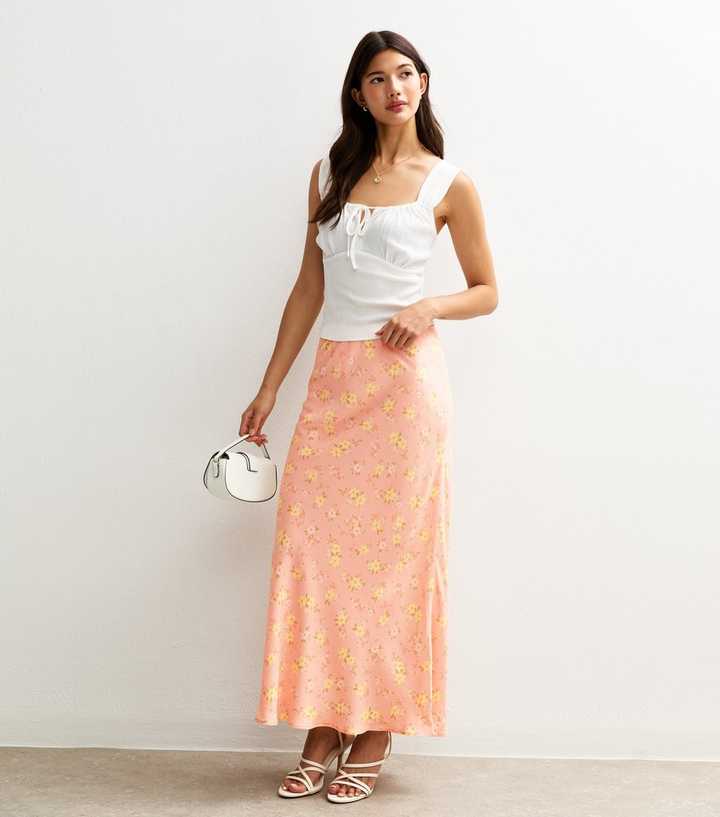Pink Floral Print Bias Cut Midi Skirt