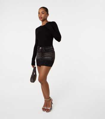 Pink Vanilla Black Ombre Effect Denim Diamante Embellished Mini Skirt