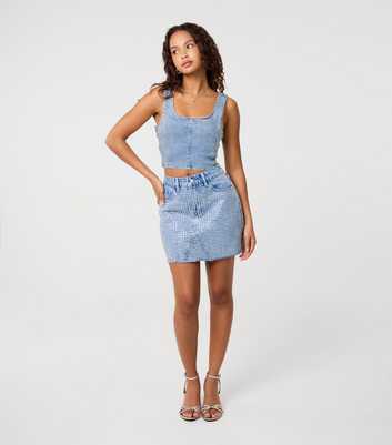 Pink Vanilla Mid Blue Diamanté Embellished Denim Mini Skirt