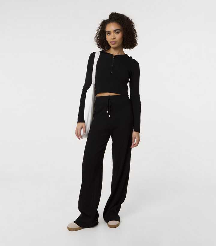 Pink Vanilla Black Ribbed Half Zip Hoodie and Wide Leg Set