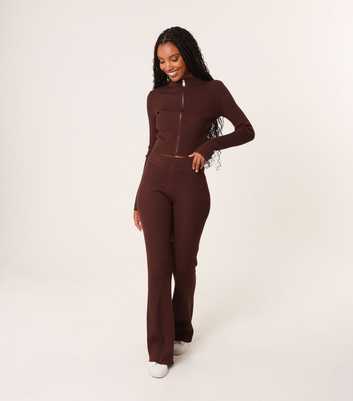 Pink Vanilla Dark Brown Zip Up Ribbed Set