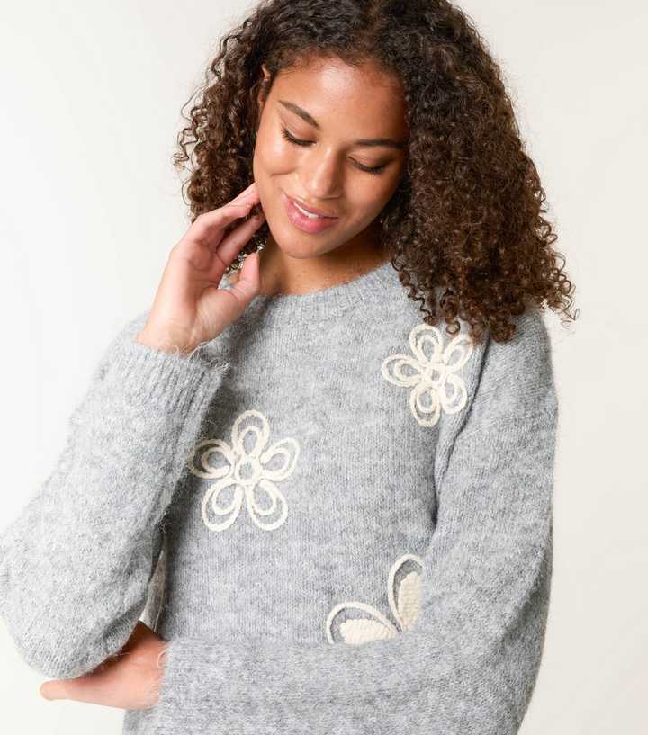 Blue Vanilla Grey Flower Embroidered Knit Jumper