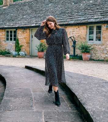 Blue Vanilla Black Chiffon Polka Dot Midi Dress