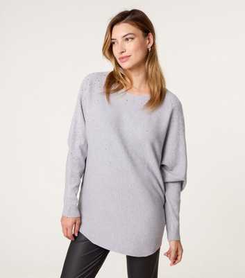 Blue Vanilla Grey Embellished Batwing Sleeve Jumper
