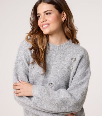 Blue Vanilla Grey Flower Embellished Jumper New Look