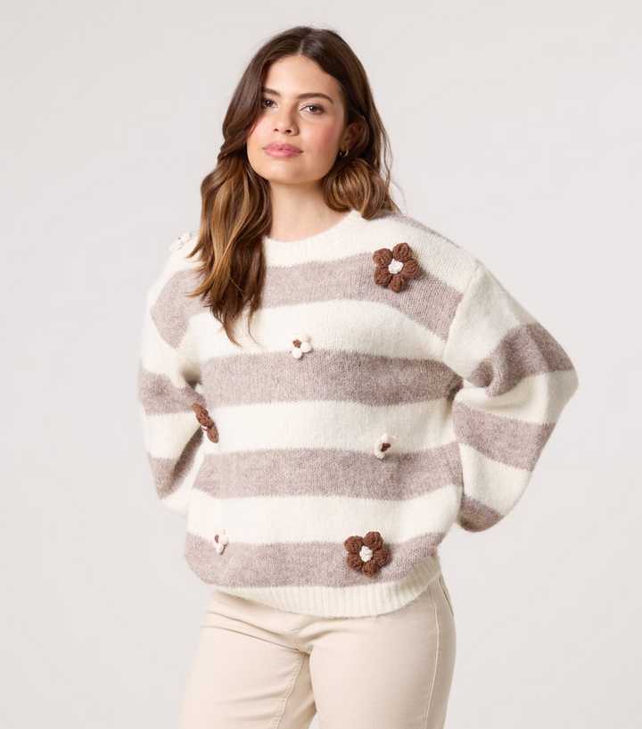 Blue Vanilla Off White Striped Floral Appliqued Jumper