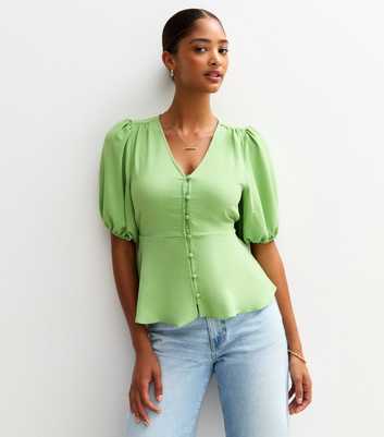 Green Crinkle Texture Button Detail Tea Blouse