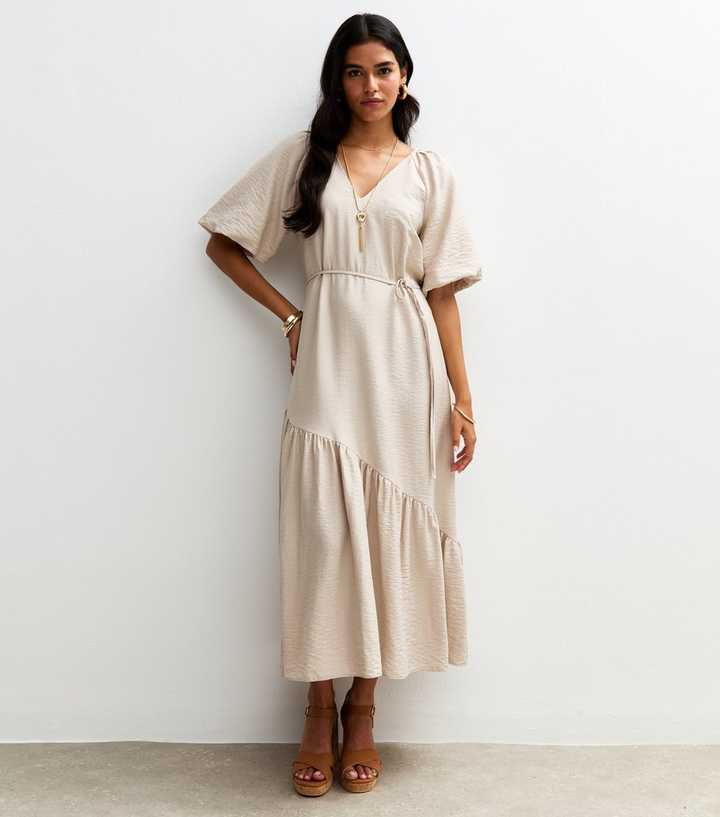 Stone Asymmetrical Puff Sleeve Midi Dress