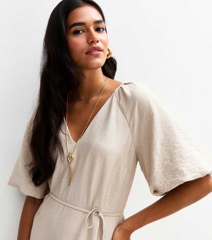 Stone Asymmetrical Puff Sleeve Midi Dress