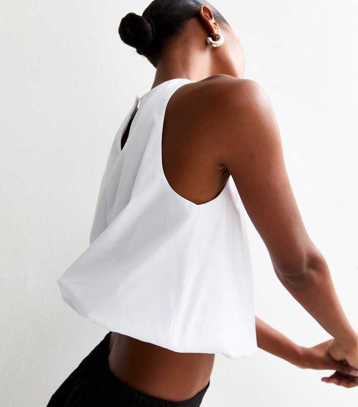 White Poplin Bubble Hem Flared Top