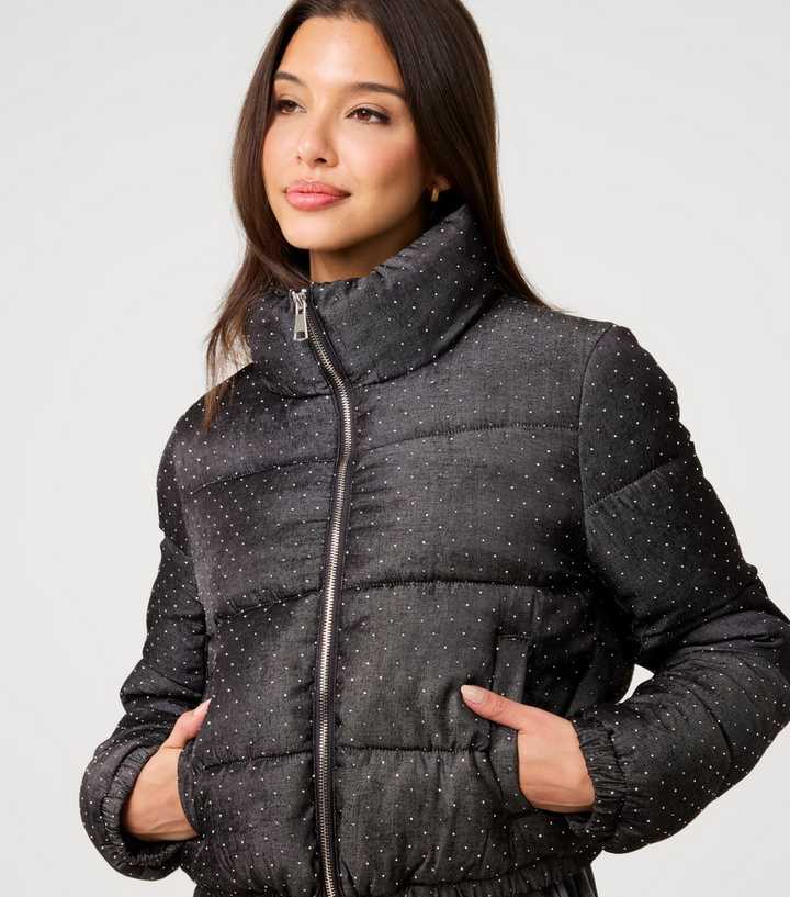 Pink Vanilla Black Diamante Embellished Puffer Jacket