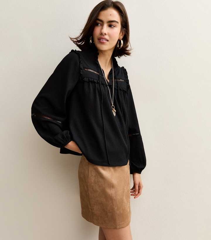 Black Ladder Insert Tie Neck Blouse