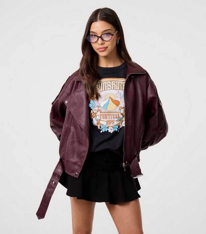 Pink Vanilla Burgundy Oversized Faux Leather Jacket