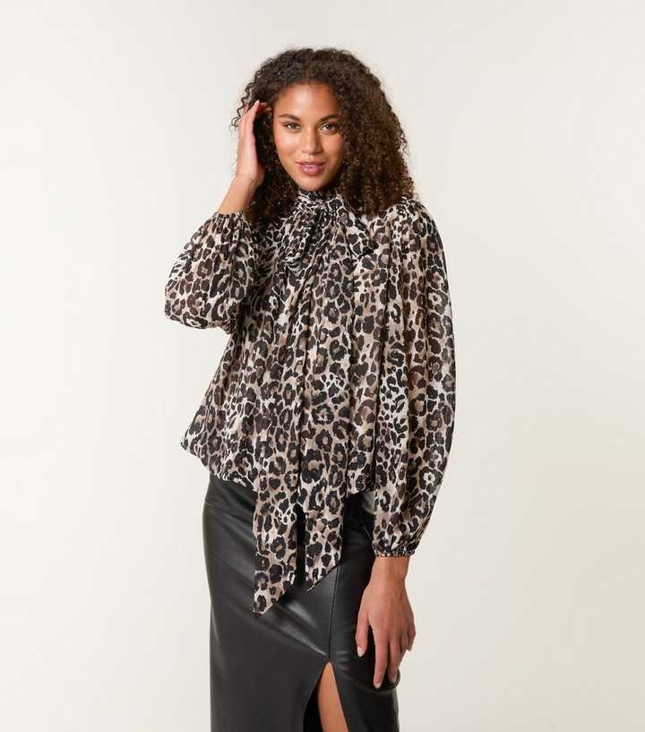 Blue Vanilla Brown Leopard Print Diamante Stud Puffball Hem Blouse