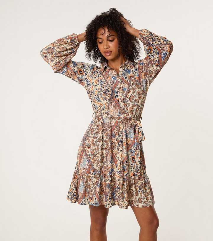 Blue Vanilla Cream Printed Belted Shirt Dress