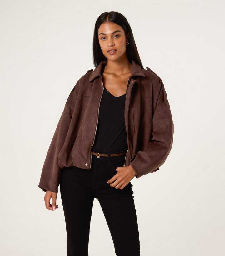 Blue Vanilla Dark Brown Faux Suede Puffball Hem Jacket