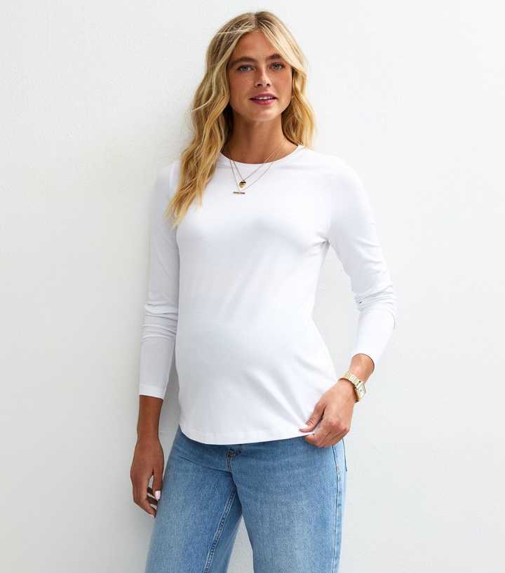 Maternity White Crew Neck Long Sleeve Top