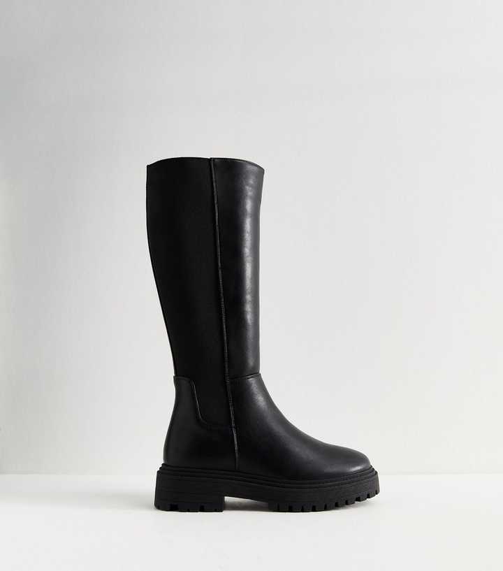 Wide Fit Black Faux Leather Knee High Boots