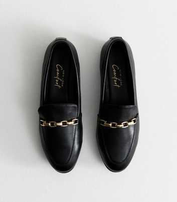 Wide Fit Black Faux Leather Chain Trim Loafers