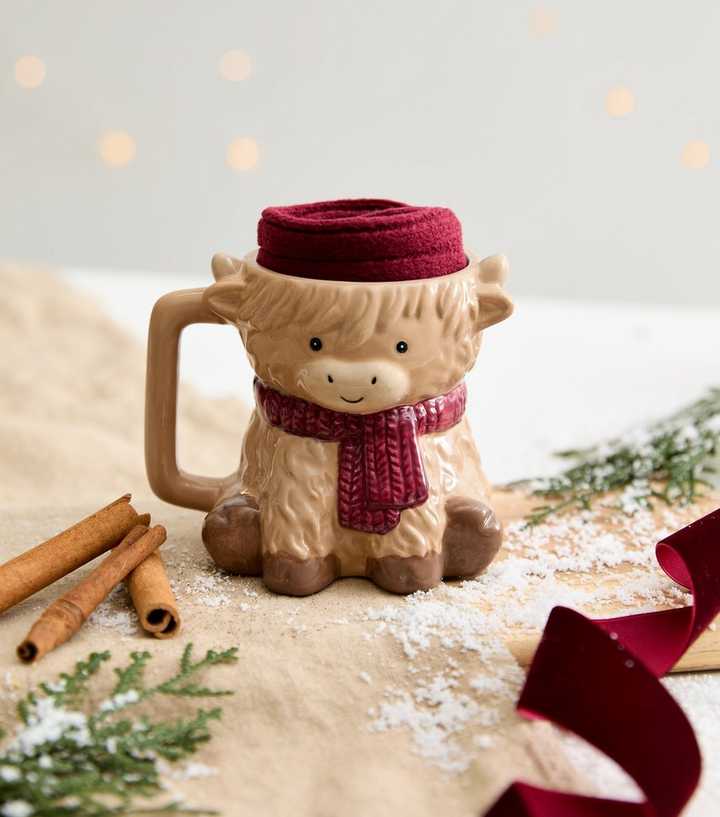 Brown Highland Cow Mug and Burgundy Socks Gift Set