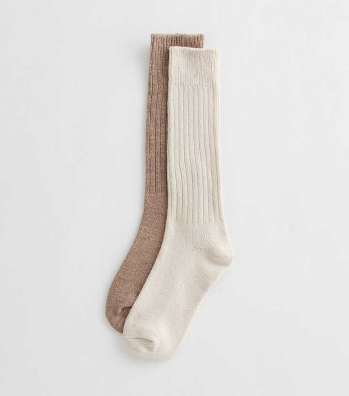 Cream and Mink Pack of 2 Slouch Ribbed Lounge Socks